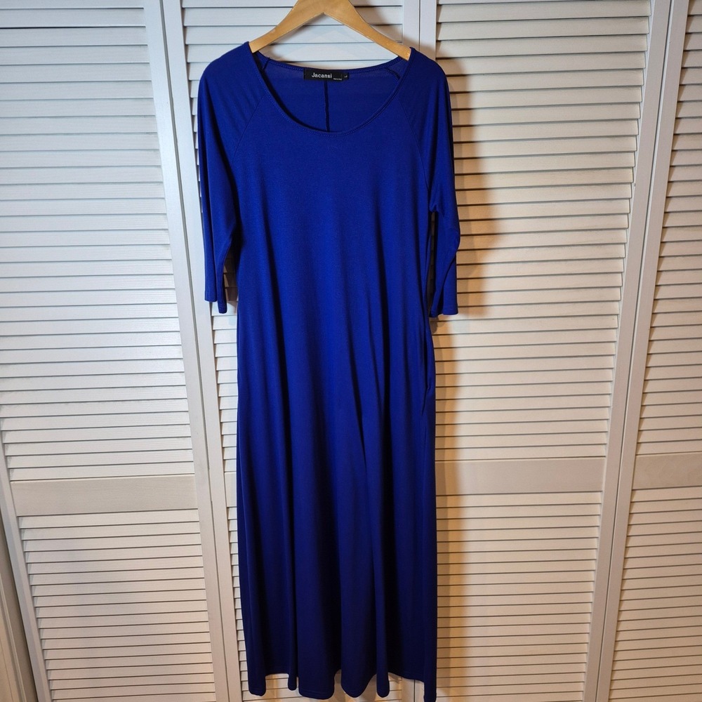 Jacansi Royal Blue Crew Neck 3/4 Sleeve Maxi Dress Pockets Size L Modest Pockets